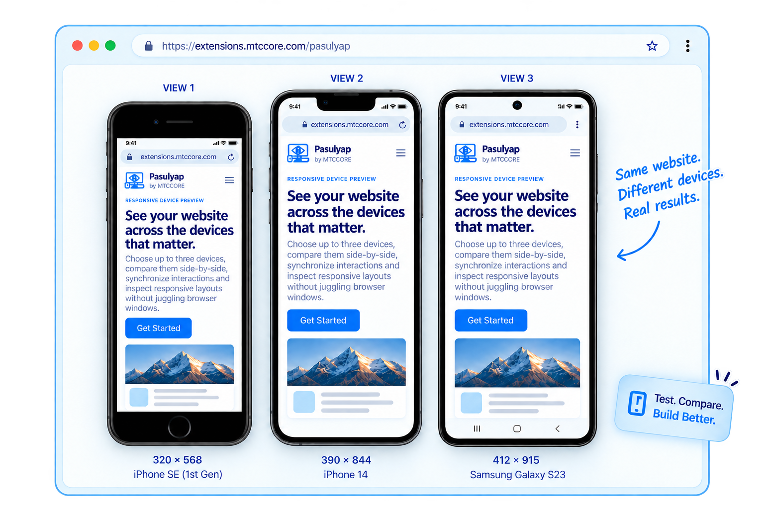 Pasulyap showing one website across iPhone SE, iPhone 14 and Samsung Galaxy S23 responsive previews